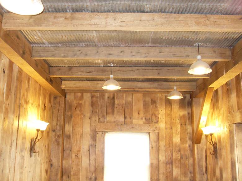 Weathered Oak Paneling, rafters and timbers / Note the slightly rusted corrugrated tin ceiling